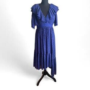 Three Floor blue with pink polka dot midi dress with ruffle detail Size: Large